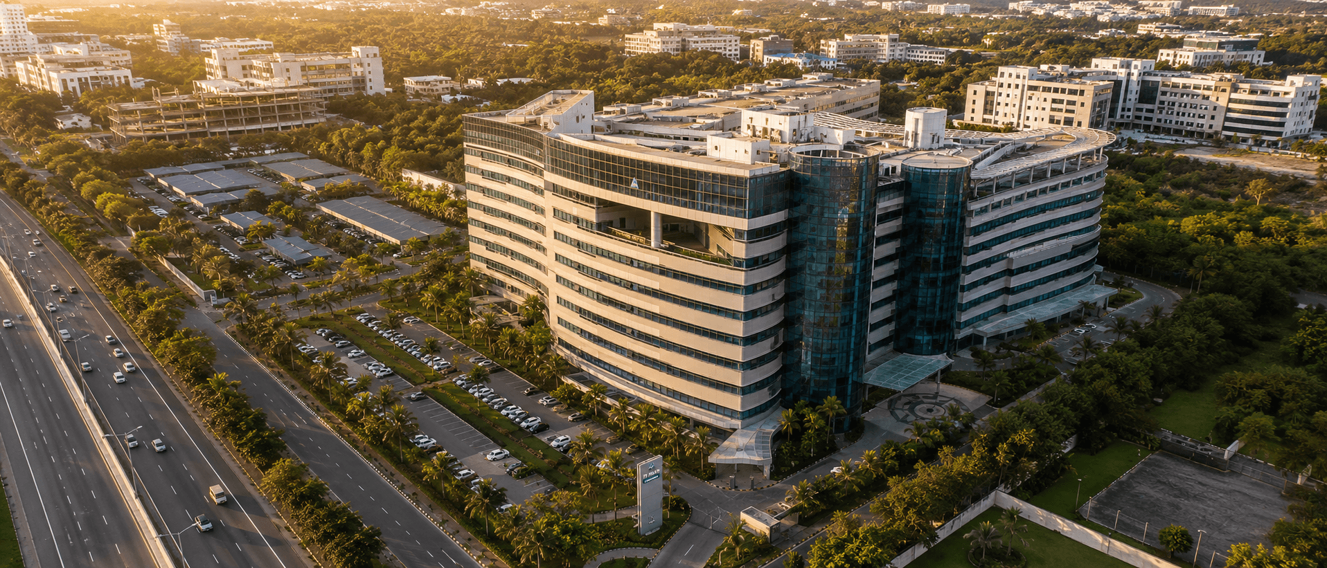 Aerial view of the TECCI Park campus at golden hour