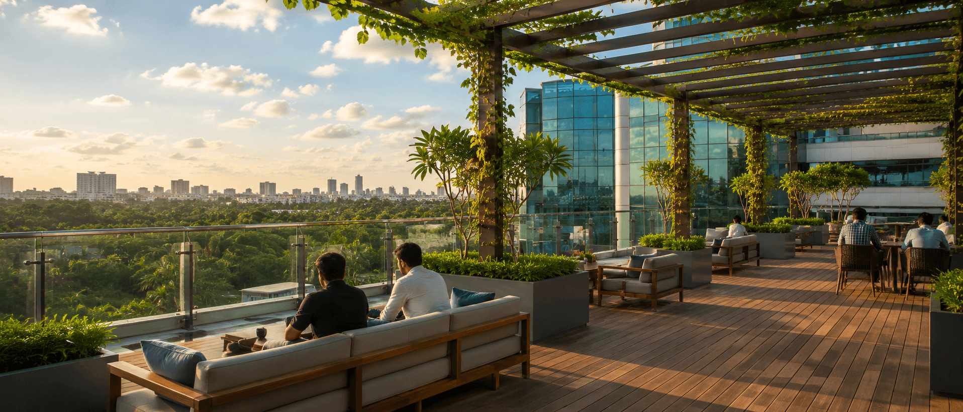 TECCI Park rooftop terrace at golden hour overlooking the city